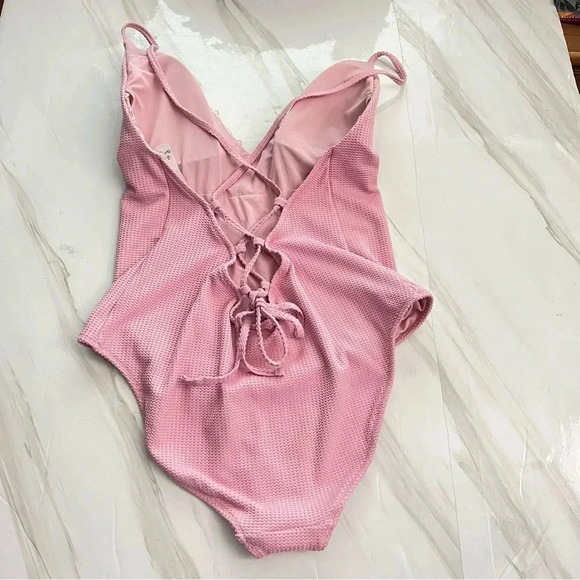 Aerie Waffle V-Neck One Piece Swimsuit Size XL Country Pink Adjustable Straps - Picture 2 of 14